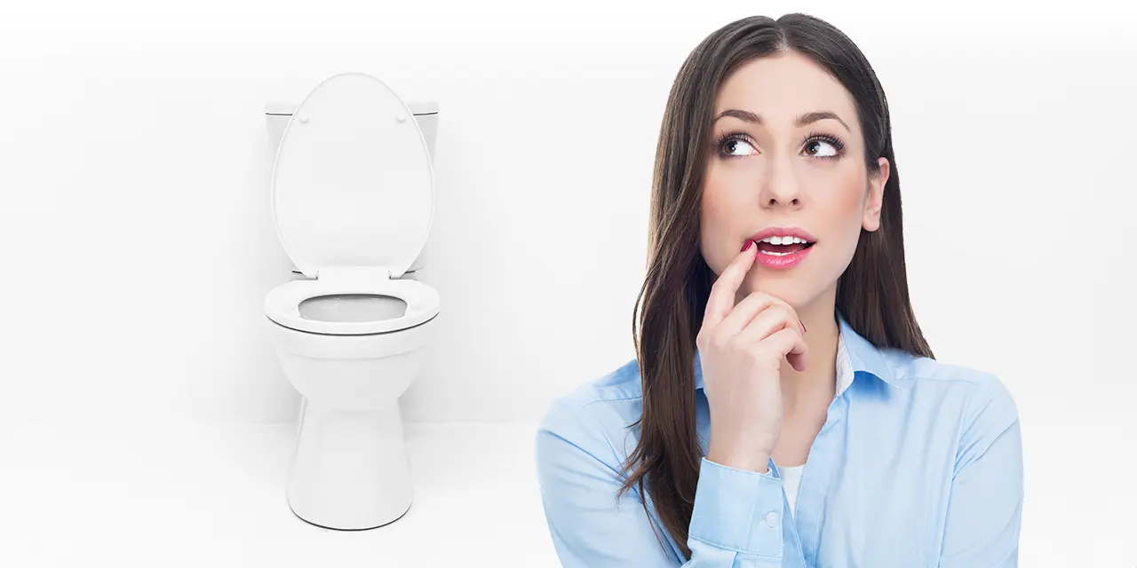 Woman thinking of replacing toilet
